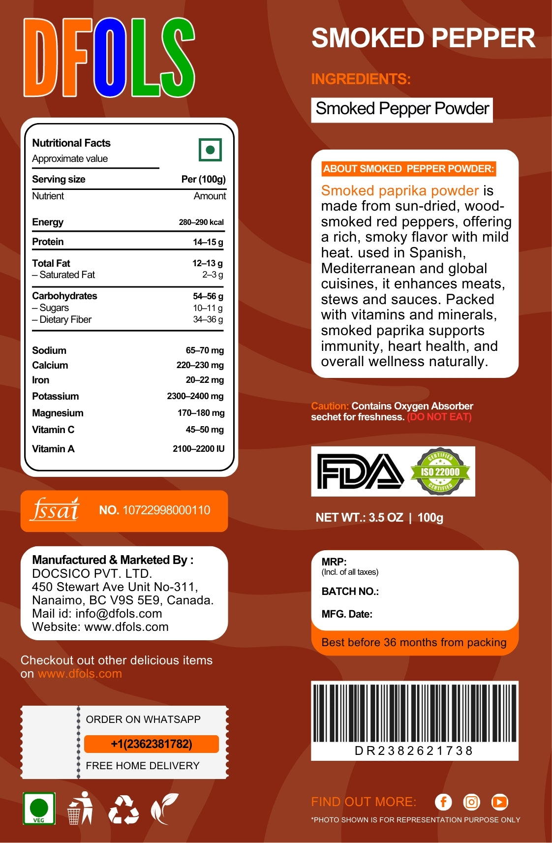 Premium Smoked Paprika Powder – Rich, Smoky Flavor for Cooking, Grilling, and Spices – Perfect for Seasoning, Rubs, and Sauces - DFOLS