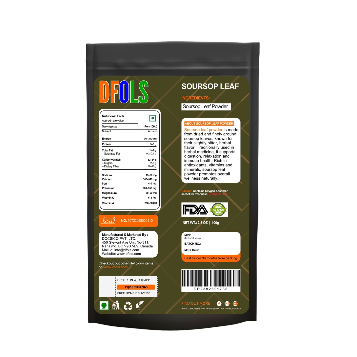 Soursop Leaf Powder – 100% Natural Graviola Leaf Powder for Tea & Wellness (4 oz Jar) – Non-GMO, Gluten-Free, Vegan, Herbal Superfood - DFOLS