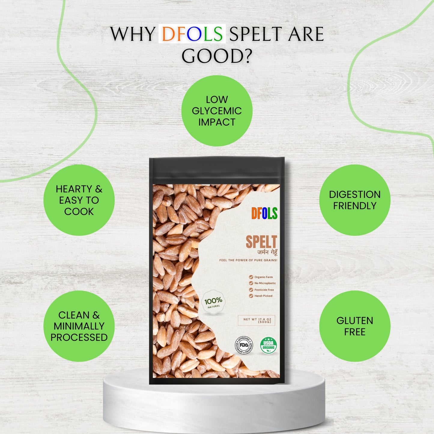 DFOLS Premium Spelt High in Fiber, Protein & Minerals | Vegan, Non-GMO, Easily Digestible | Ideal for Bread, Porridge & Healthy Meals