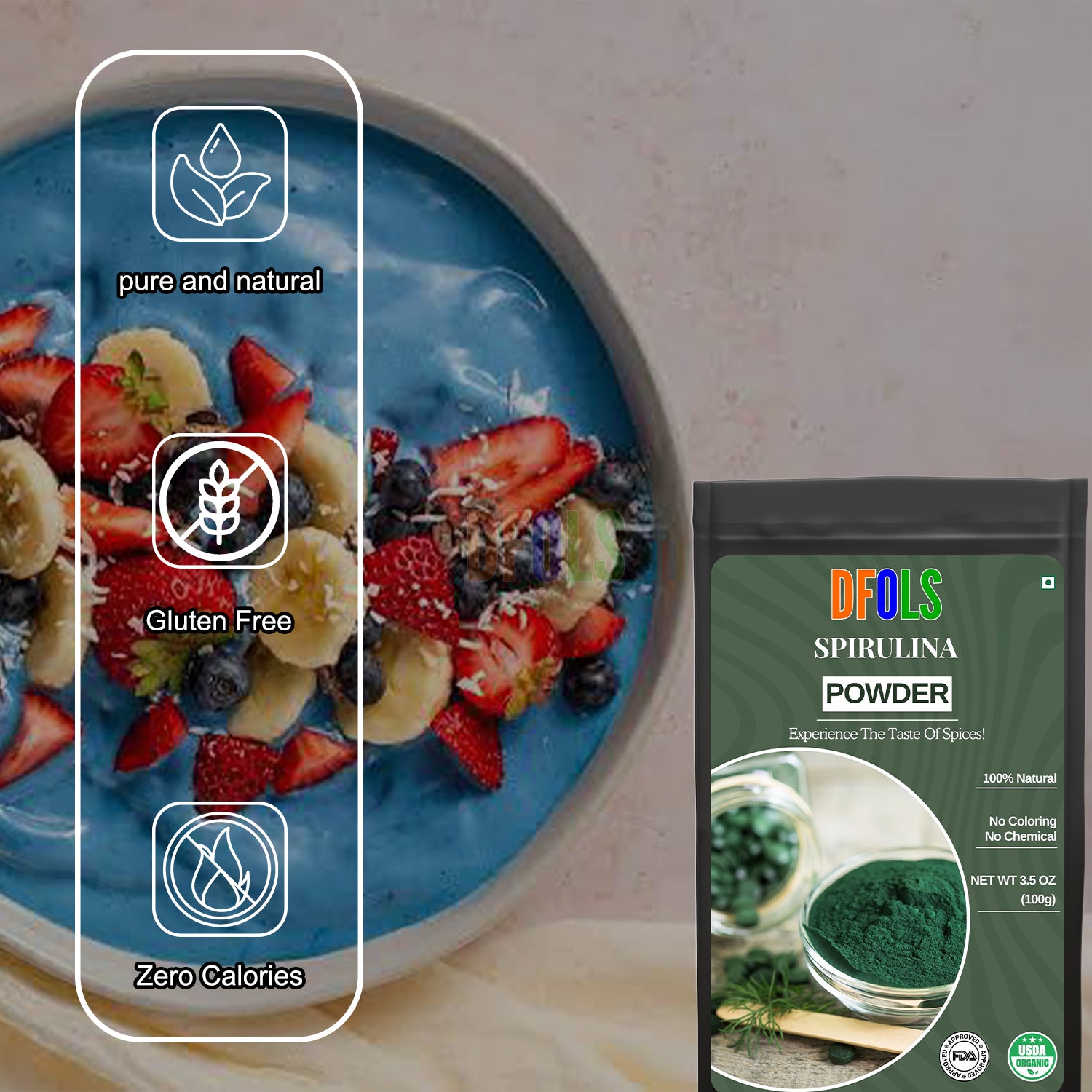 Premium Spirulina Powder | 100% Pure Natural Superfood | Rich in Protein, Vitamins & Antioxidants | Supports Energy, Detox, Immunity & Overall Wellness - DFOLS