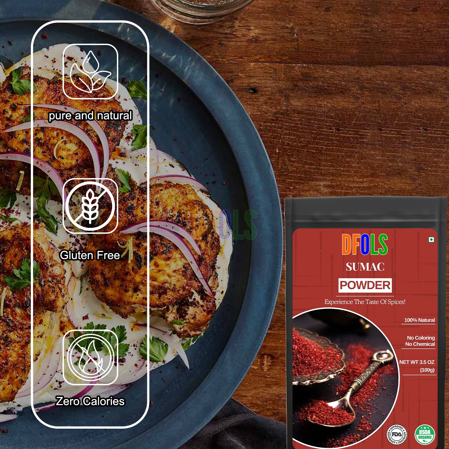 Organic Sumac Powder 100% Pure | No Salt, Non-GMO, No Irradiation | Premium Tangy Spice for Cooking, Salads, Meat & Mediterranean Recipes | Natural Seasoning - DFOLS