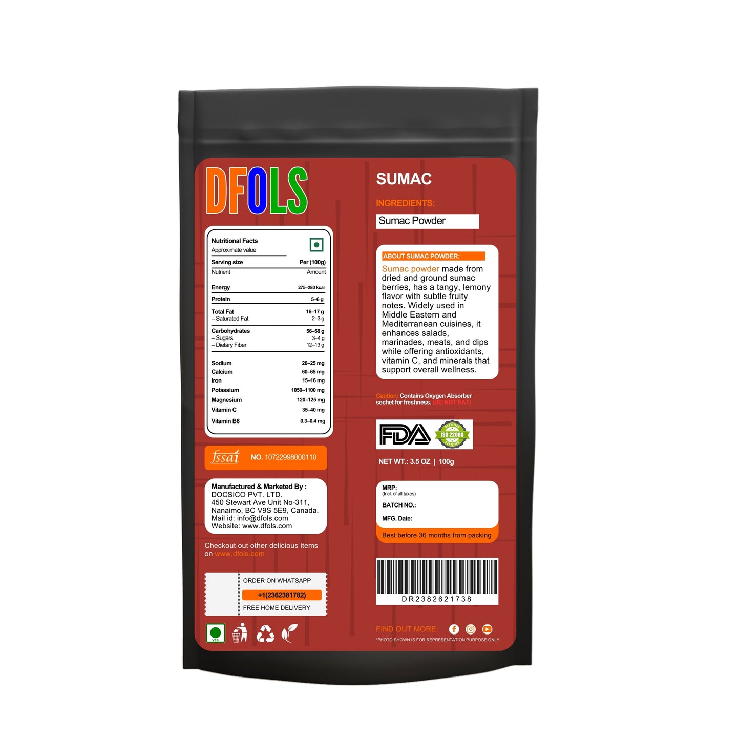 Organic Sumac Powder 100% Pure | No Salt, Non-GMO, No Irradiation | Premium Tangy Spice for Cooking, Salads, Meat & Mediterranean Recipes | Natural Seasoning - DFOLS