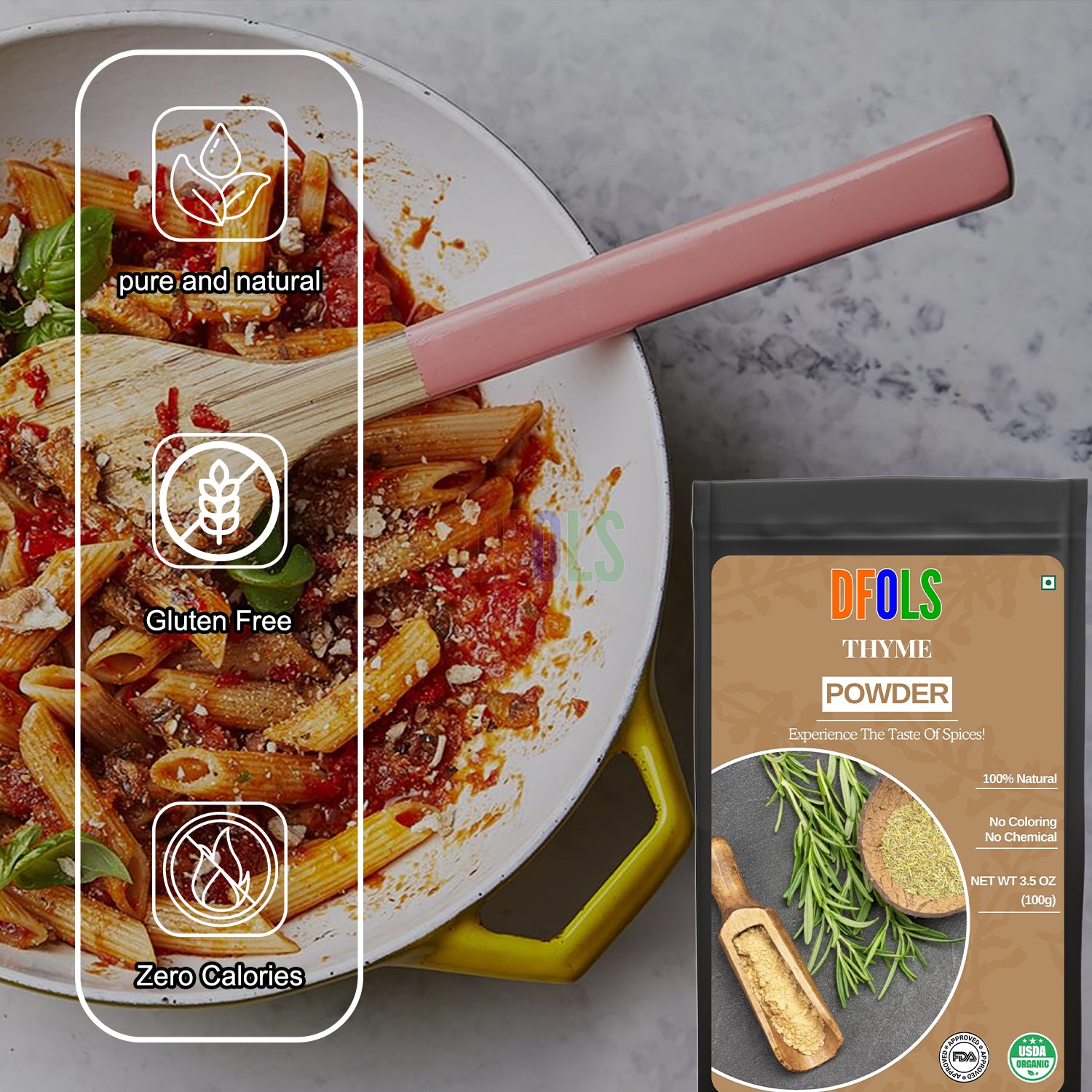 Thyme Powder - A robust, piney flavor with hints of camphor and bitterness. Used in many slow cooked dishes. - DFOLS