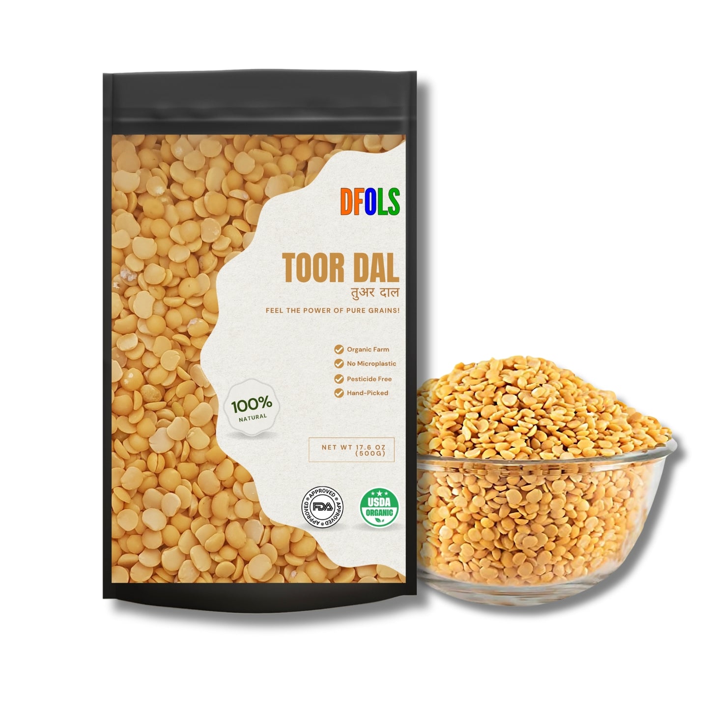 DFOLS Organic Toor Dal | Premium Pigeon Pea | Natural, Protein-Rich & Fiber-Packed | Pesticide-Free, Hand-Picked, Unpolished High-Quality Dal