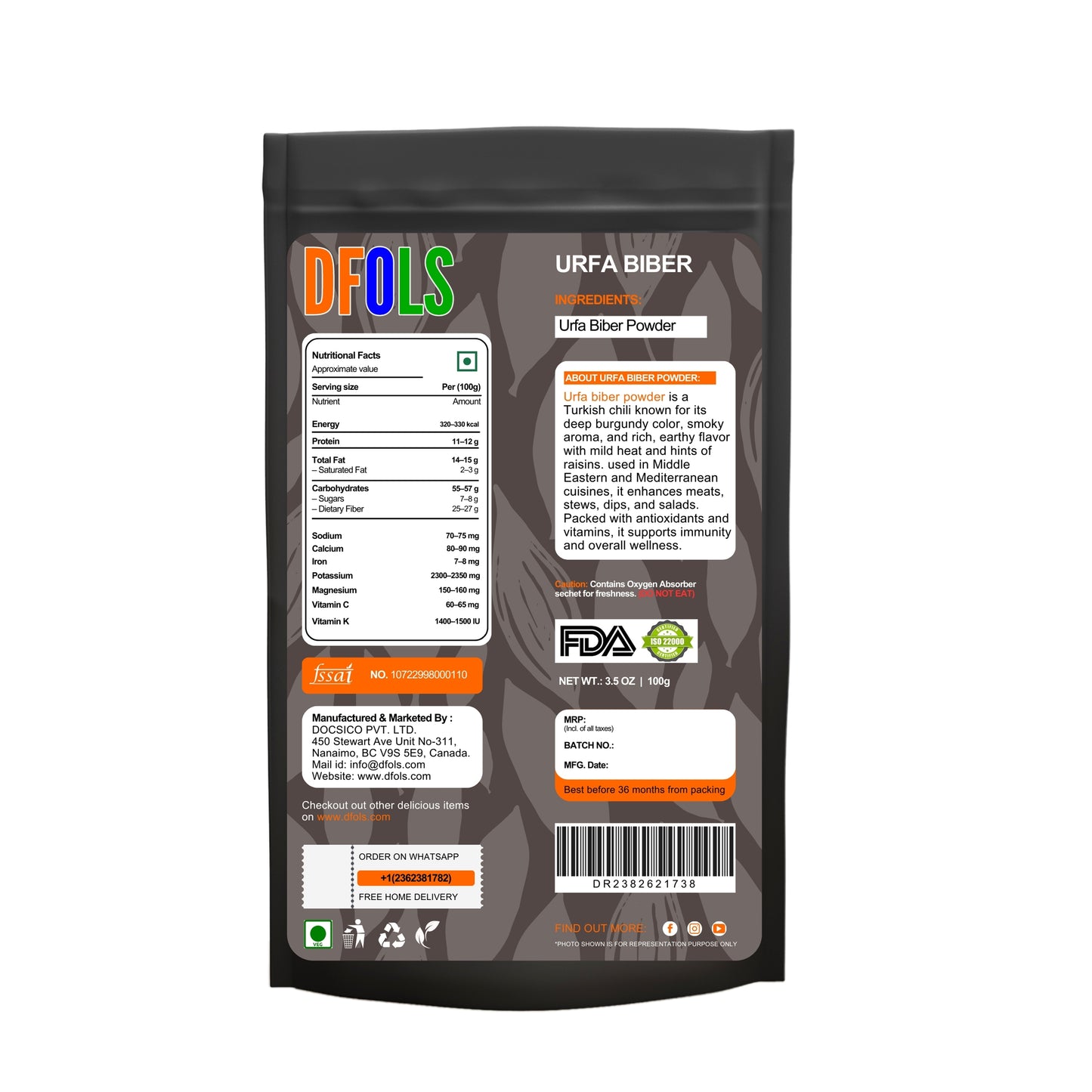 Organic Urfa Biber Powder – 100g Turkish Chili with Smoky, Mild Heat & Natural Sweetness | Pure, Premium Spice for Cooking & Seasoning - DFOLS