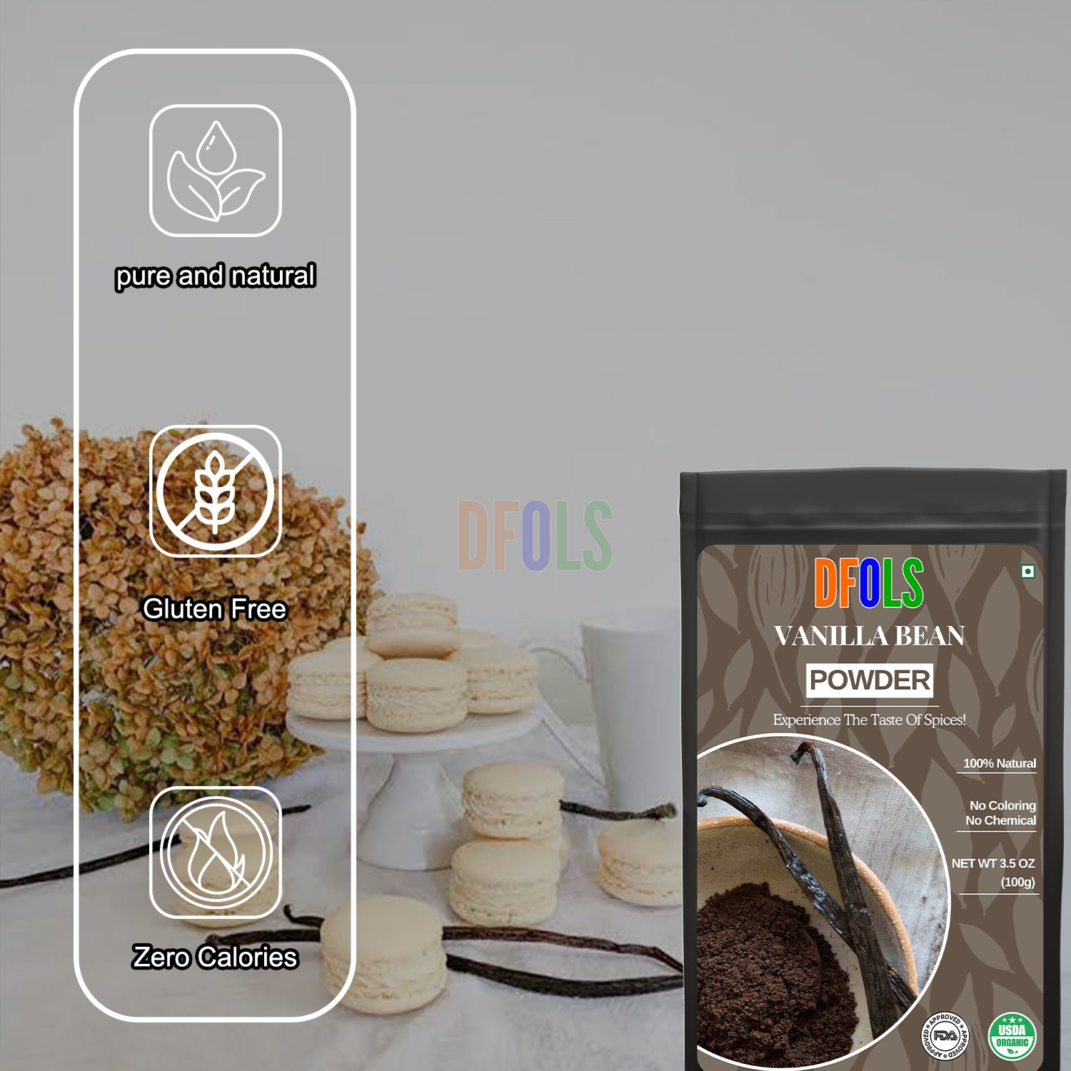 Organic Vanilla Bean Powder 100g (3.5 oz) | Pure & Natural Ground Vanilla | Rich Aroma & Sweet Flavor | Premium Baking Ingredient - DFOLS