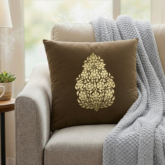 DFOLS Golden Leaf Velvet Cushion Cover – Brown & Gold