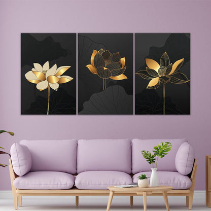 DFOLS Midnight Blossoms Trio Canvas Wall Painting – Luxury Floral Triptych Art