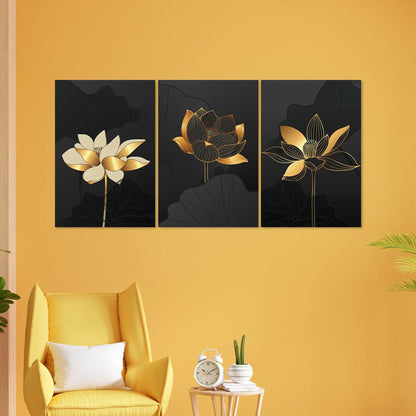 DFOLS Midnight Blossoms Trio Canvas Wall Painting – Luxury Floral Triptych Art