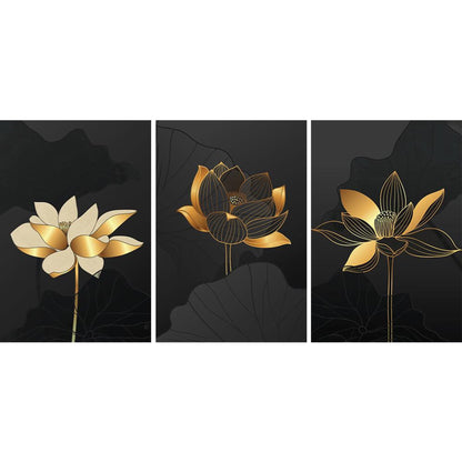 DFOLS Midnight Blossoms Trio Canvas Wall Painting – Luxury Floral Triptych Art