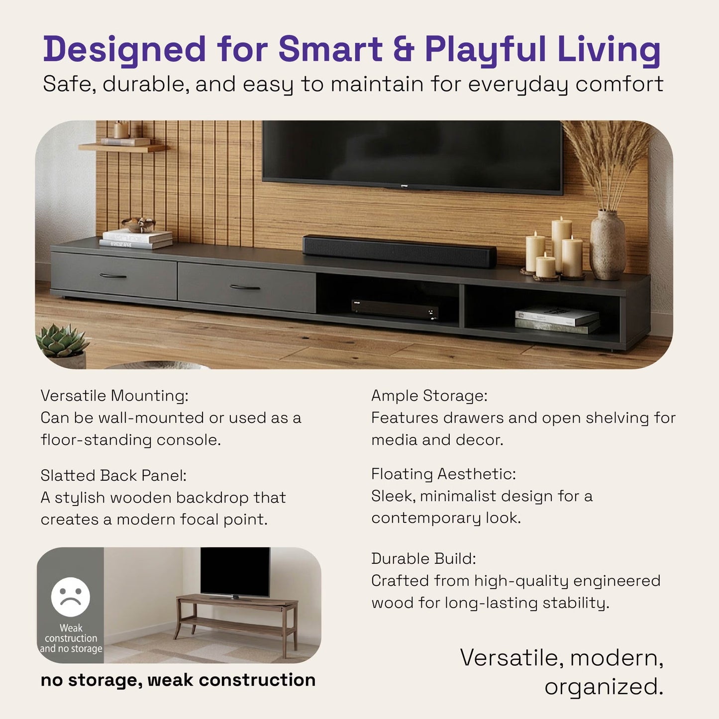 DFOLS Brisq Modern Engineered Wood TV Unit with Storage & Display Shelves