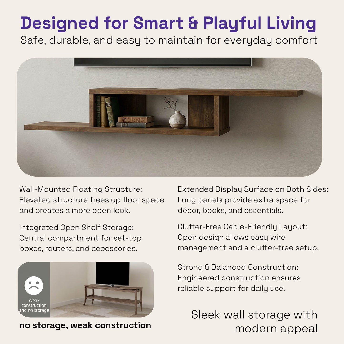 DFOLS Flowen Floating Engineered Wood TV Unit in Columbain Walnut Finish