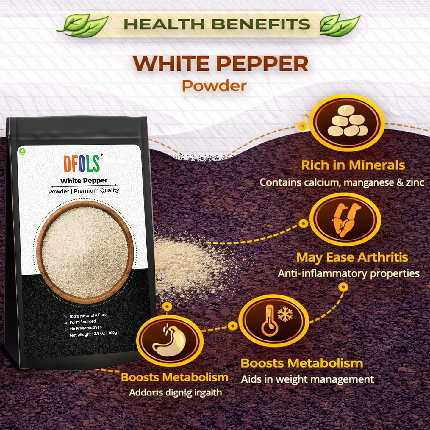 Dfols White Pepper Powder 100g (3.5oz / 0.22lb) Pure Natural Indian Spice – ホワイトペッパー