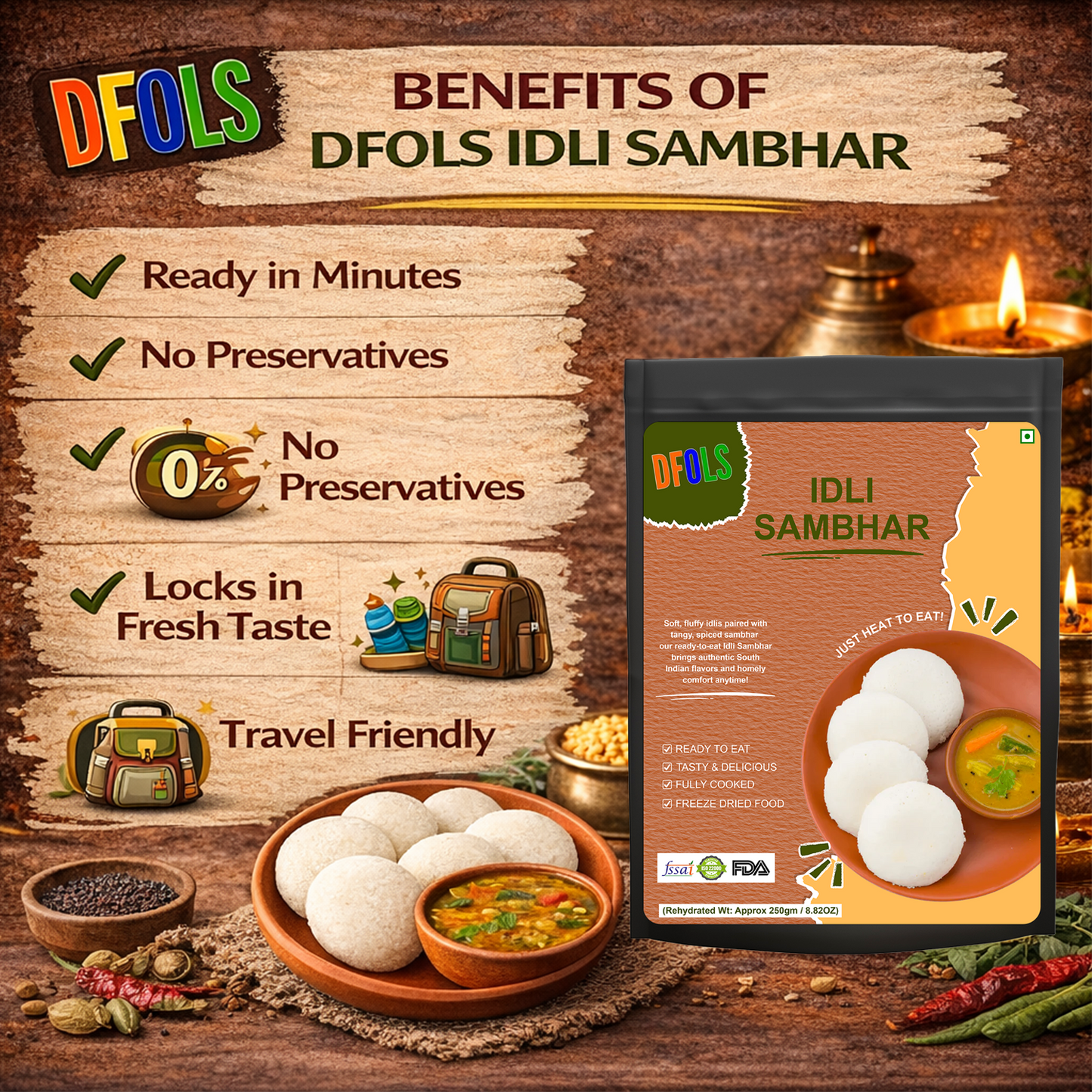 Ready-to-Eat Idli Sambar | Soft Rice Idlis with Authentic Spicy Sambar | No Preservatives | Instant, Convenient South Indian Meal | Heat & Serve Pack