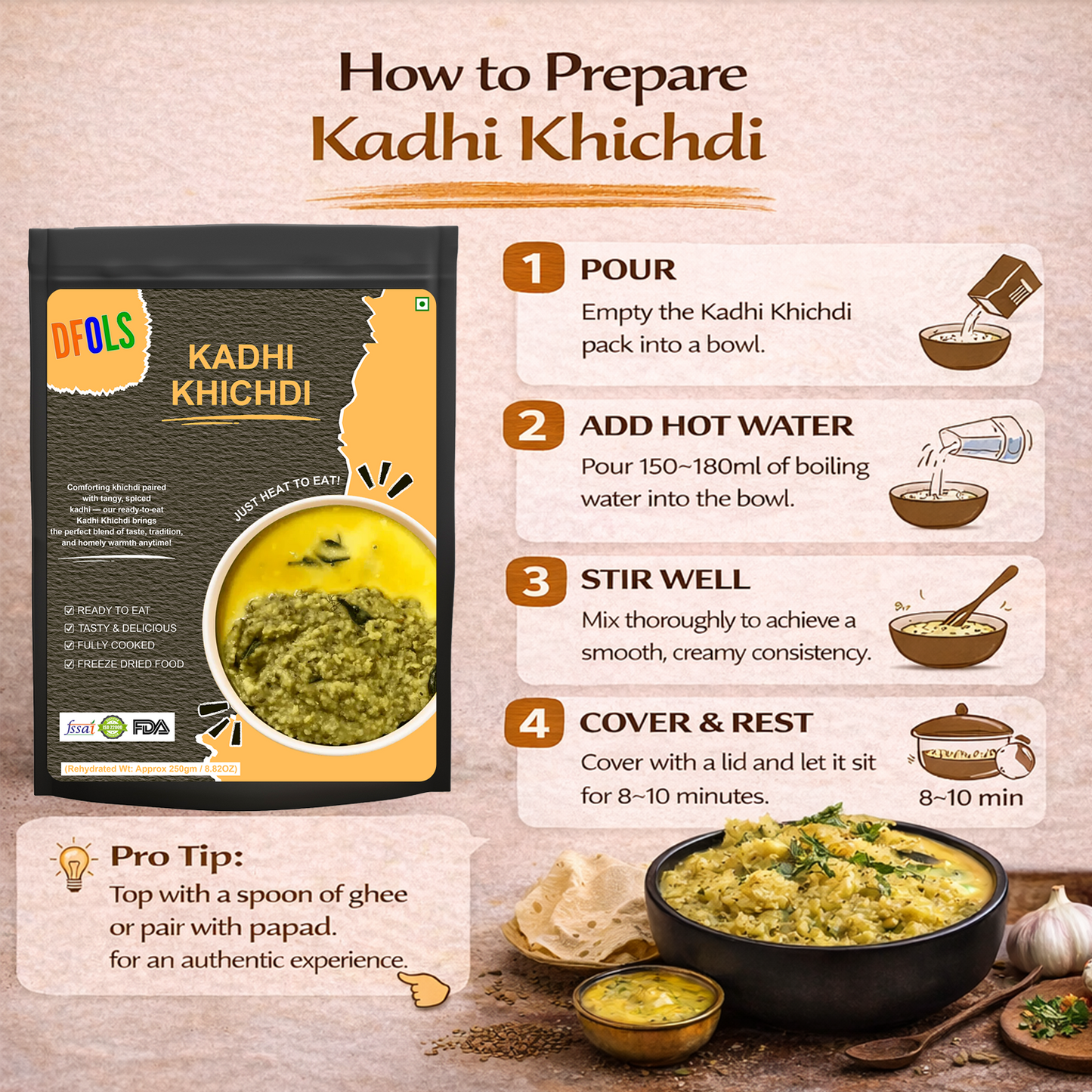 Instant Kadhi Khichdi | Homestyle Moong Dal Khichdi with Kadhi | Vegetarian Ready Meal | No Preservatives | Shelf-Stable, Easy to Prepare | Authentic Indian Flavor