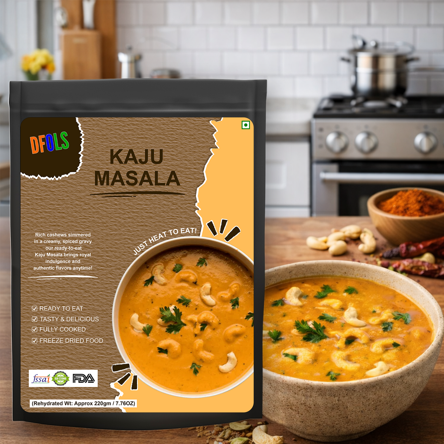 Kaju Masala Ready Meal | Rich Cashew Curry in Buttery Tomato Gravy | Authentic Indian Flavor | Microwaveable, Ready-to-Eat Instant Meal