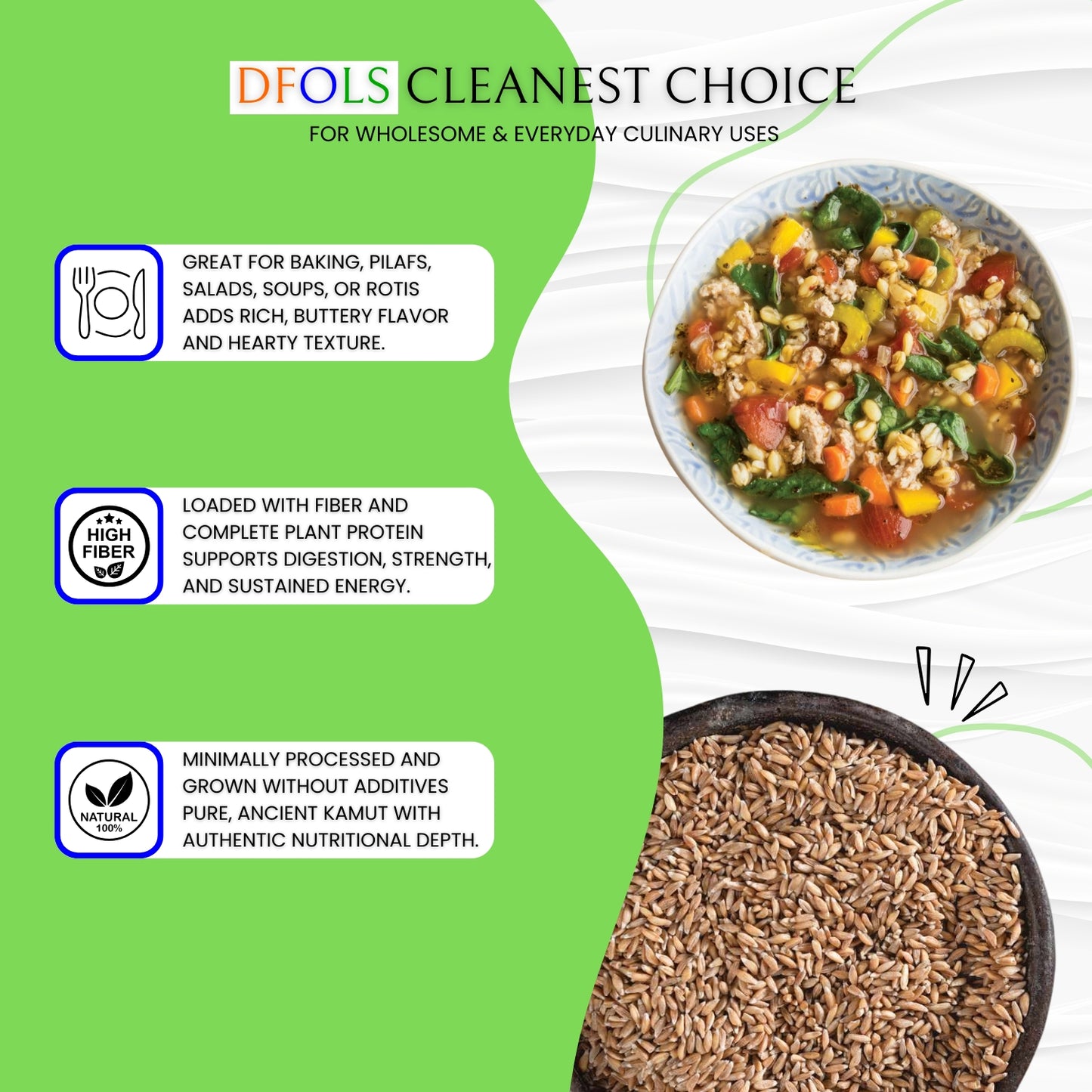 DFOLS Organic Kamut | 100% Natural Ancient Grain | High-Protein, Fiber-Rich Superfood | Pesticide-Free Whole Grain Wheat | Premium Quality for Healthy Cooking