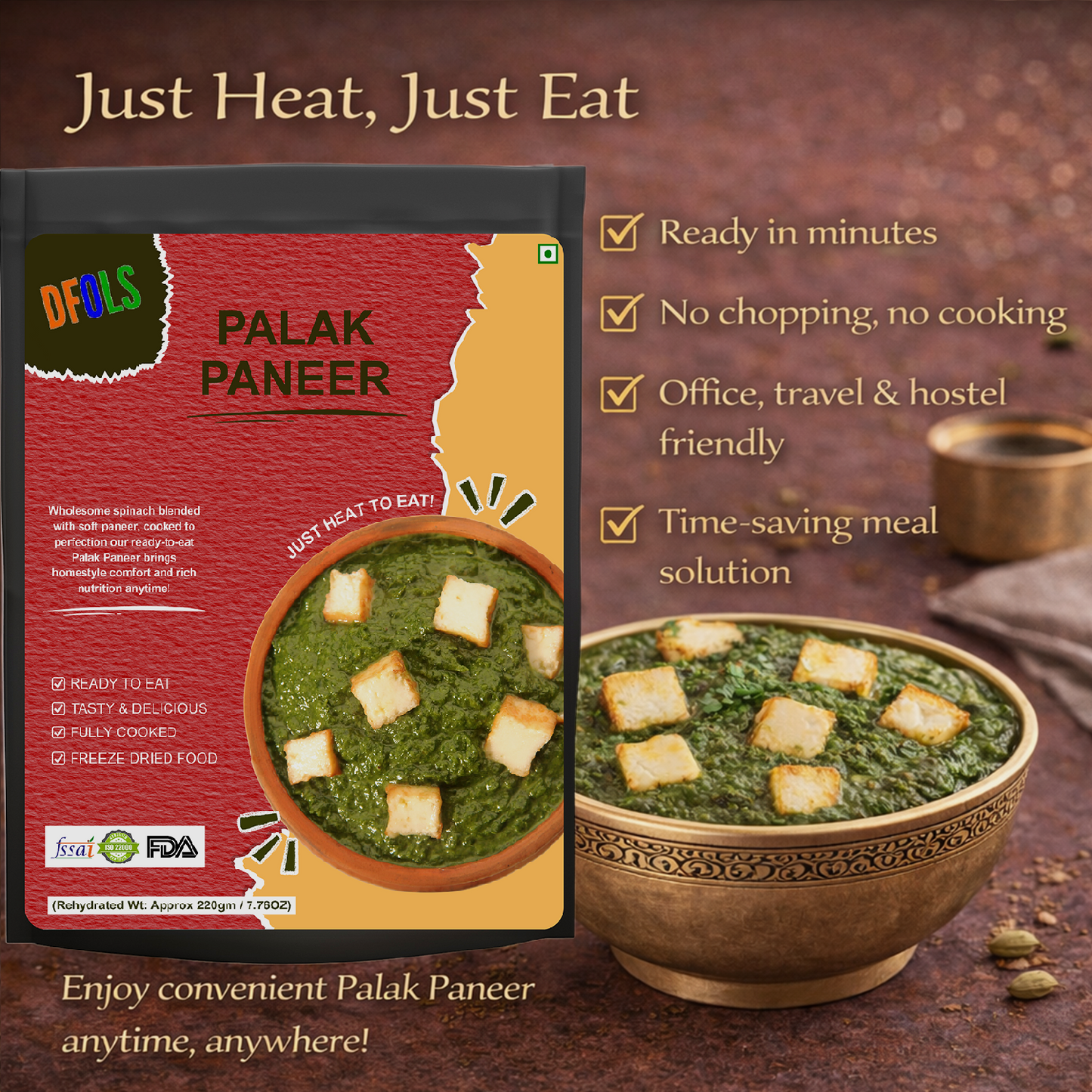 Palak Paneer | Classic Spinach & Cottage Cheese Curry | Ready to Eat | Heat & Serve Indian Meal | Authentic Taste, Rich & Creamy | Convenient Pack