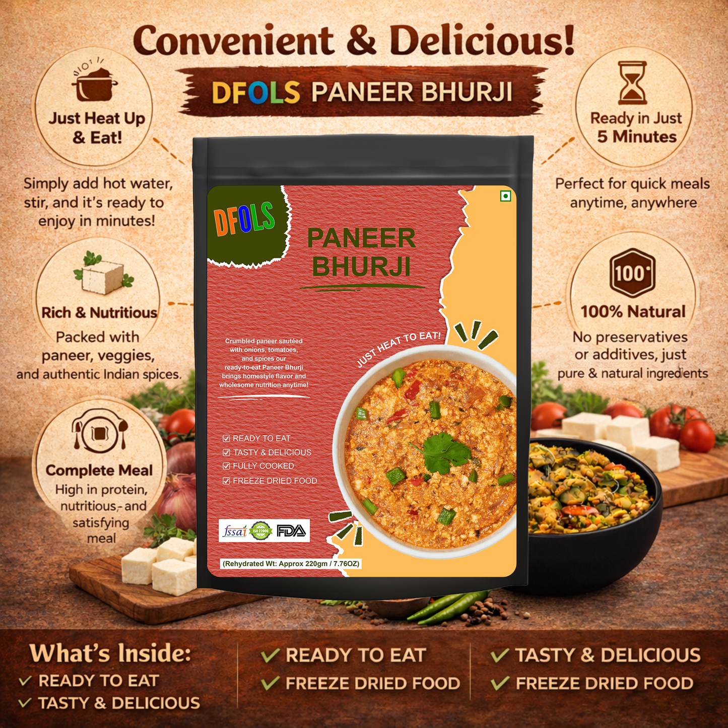 Paneer Bhurji Ready-to-Eat | High-Protein Indian Cottage Cheese Meal | Instant Vegetarian Dish | No Preservatives | Shelf-Stable Pack | Authentic Spicy Flavour