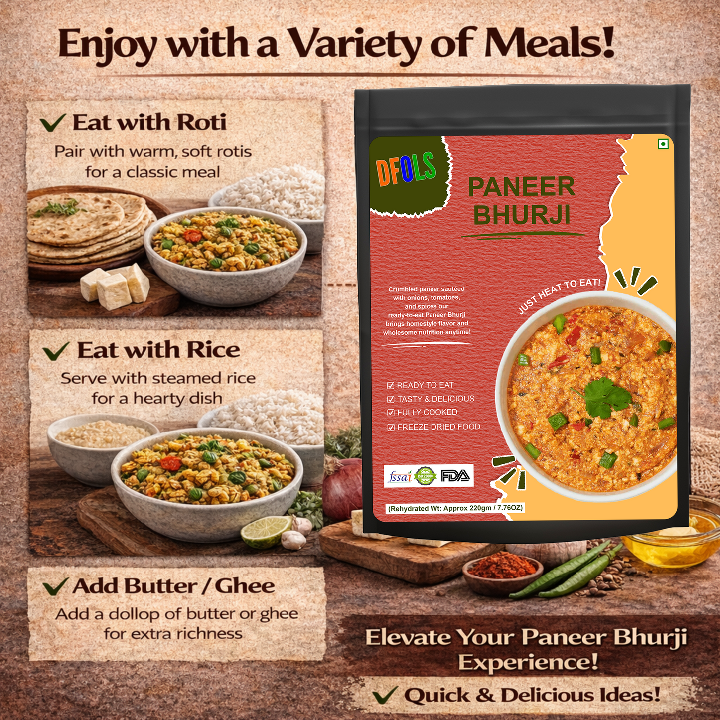 Paneer Bhurji Ready-to-Eat | High-Protein Indian Cottage Cheese Meal | Instant Vegetarian Dish | No Preservatives | Shelf-Stable Pack | Authentic Spicy Flavour