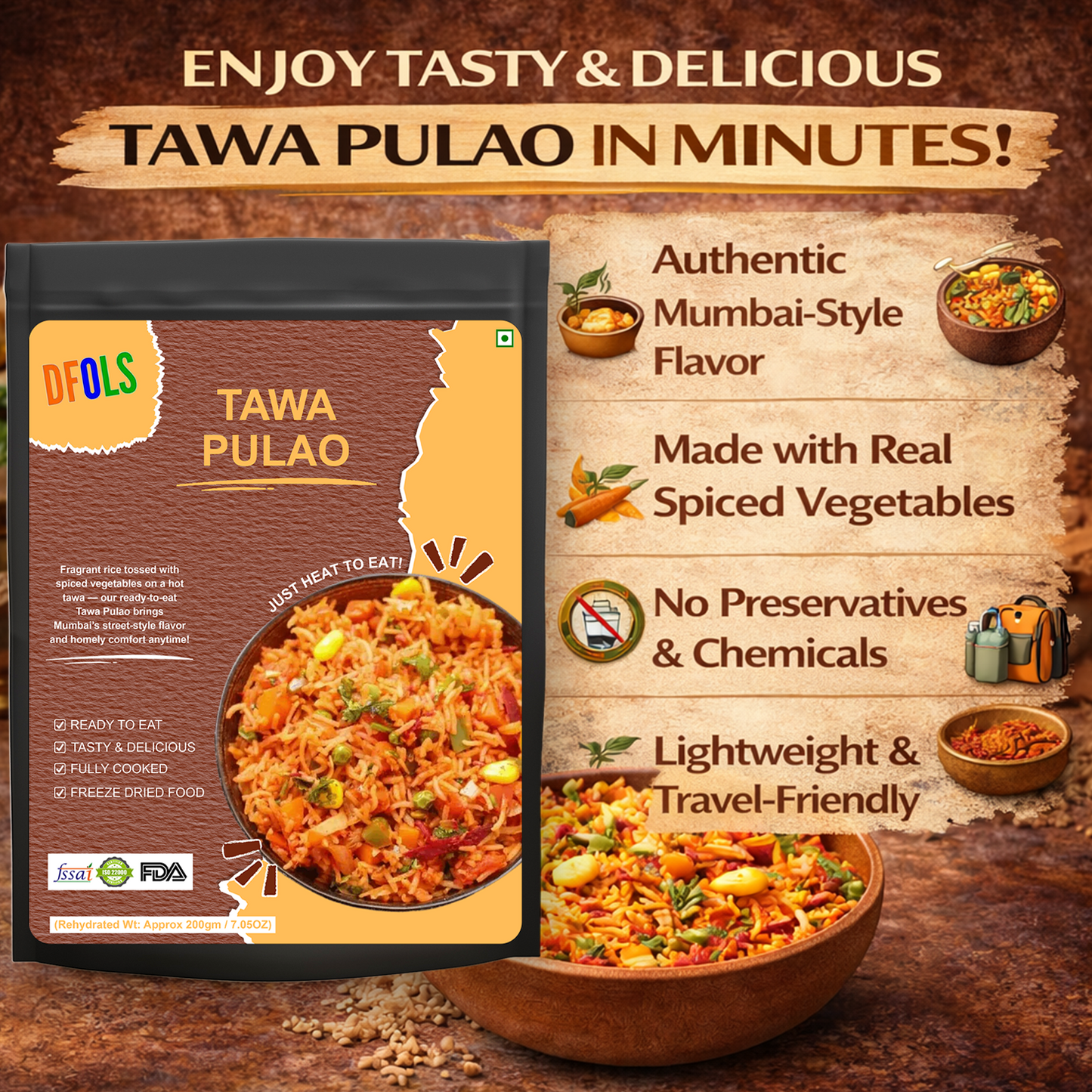 Authentic Tawa Pulao | Spicy Veg Rice Cooked on Tawa | Microwaveable Ready Meal | Pure Vegetarian | No Preservatives | Shelf-Stable Pack | Instant Indian Meal