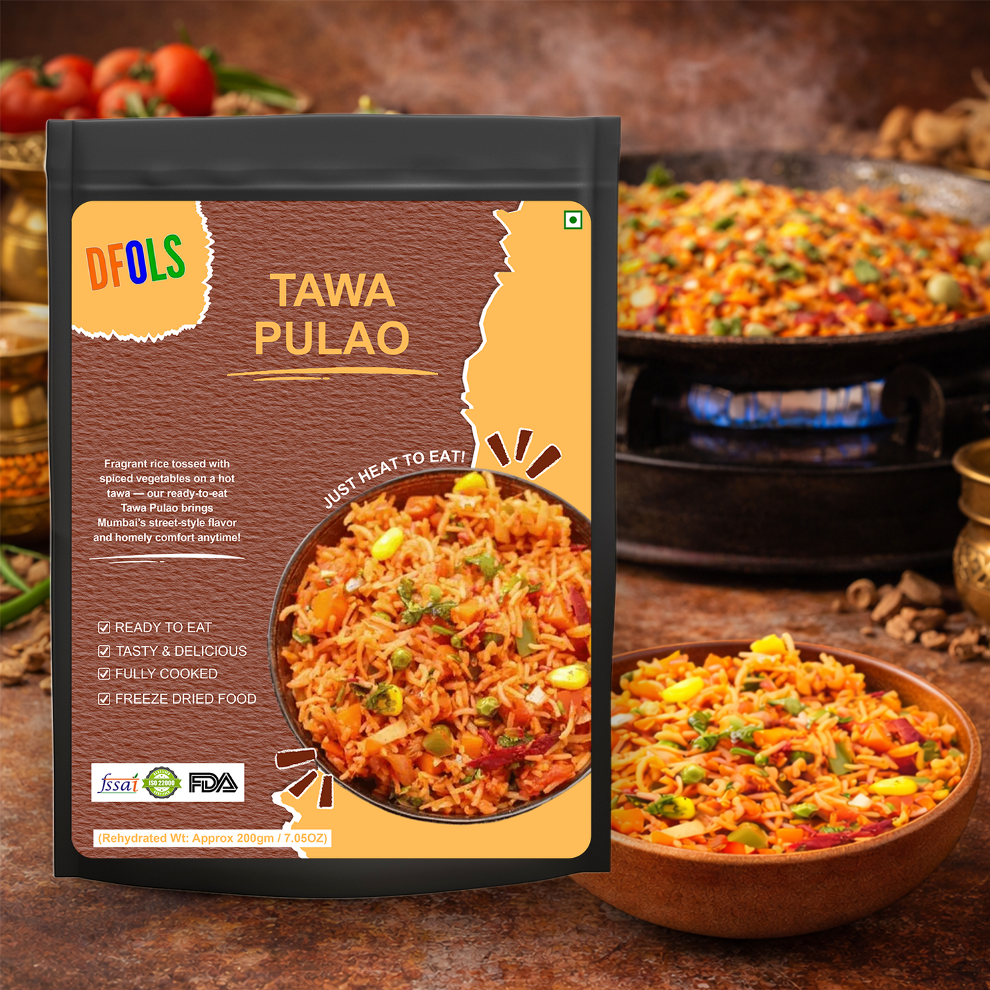 Authentic Tawa Pulao | Spicy Veg Rice Cooked on Tawa | Microwaveable Ready Meal | Pure Vegetarian | No Preservatives | Shelf-Stable Pack | Instant Indian Meal