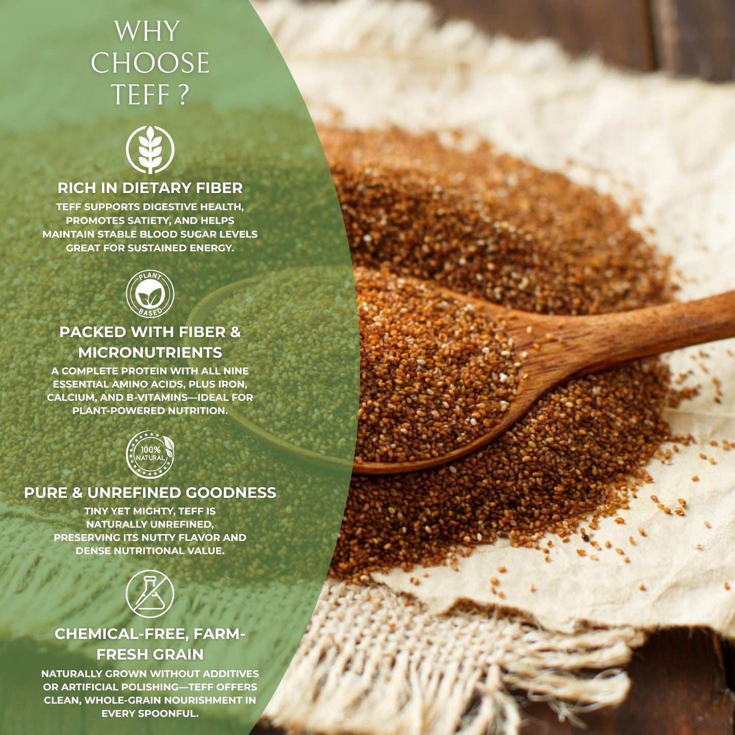 DFOLS Organic Teff Seeds | Gluten-Free & Non-GMO Superfood | High Protein, Fiber, Iron & Calcium | Supports Energy, Digestion, Bones & Healthy Lifestyle