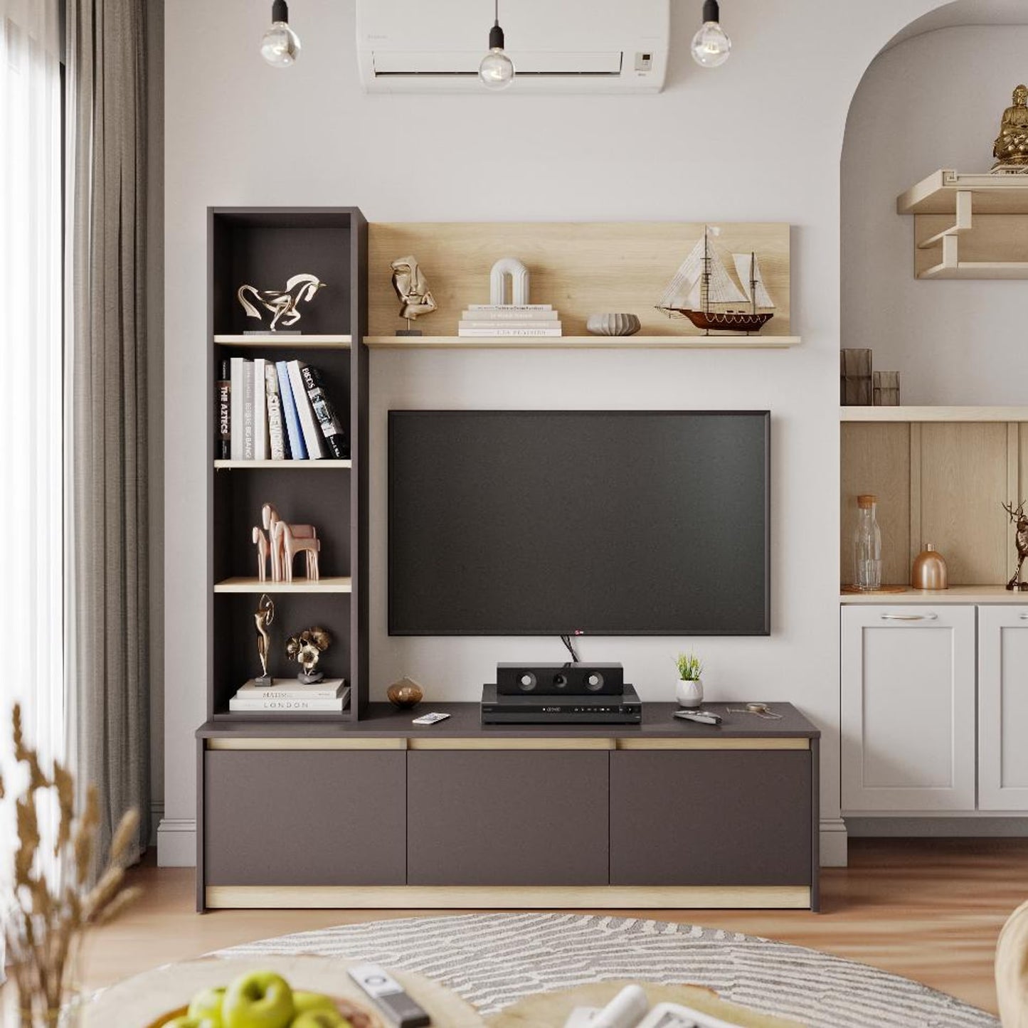 DFOLS Skifer Modern Engineered Wood TV Unit with Display Shelf & Storage
