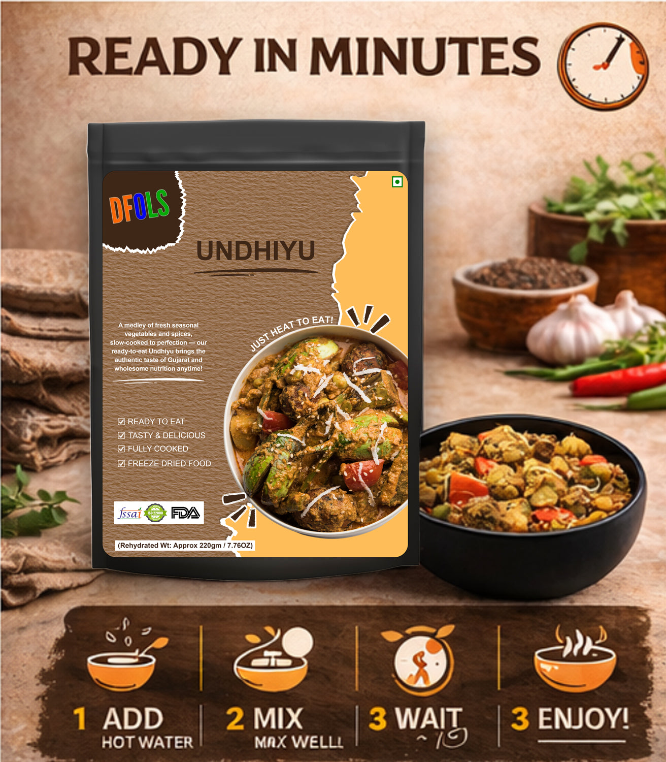 Gujarati Undhiyu | Authentic Seasonal Vegetable Mix | Traditional Gujarati Recipe | Instant Ready-to-Eat Indian Meal | Flavor-Rich, Shelf-Stable Pack
