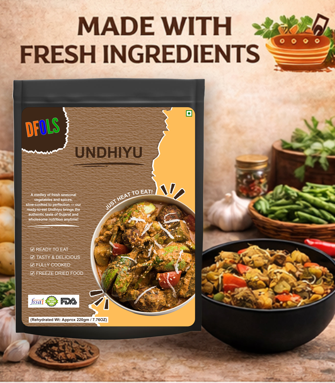 Gujarati Undhiyu | Authentic Seasonal Vegetable Mix | Traditional Gujarati Recipe | Instant Ready-to-Eat Indian Meal | Flavor-Rich, Shelf-Stable Pack