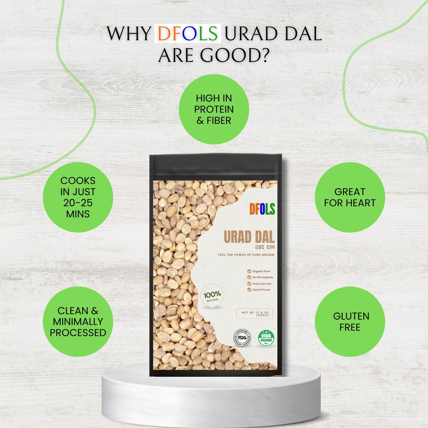 DFOLS Organic Urad Dal | Whole Black Gram Split | Natural, High-Protein & Fiber-Rich | Pesticide-Free, Hand-Picked Premium Quality Lentils